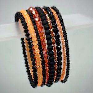 Halloween beaded wrap bracelet, handmade black and orange memory wire bracelet